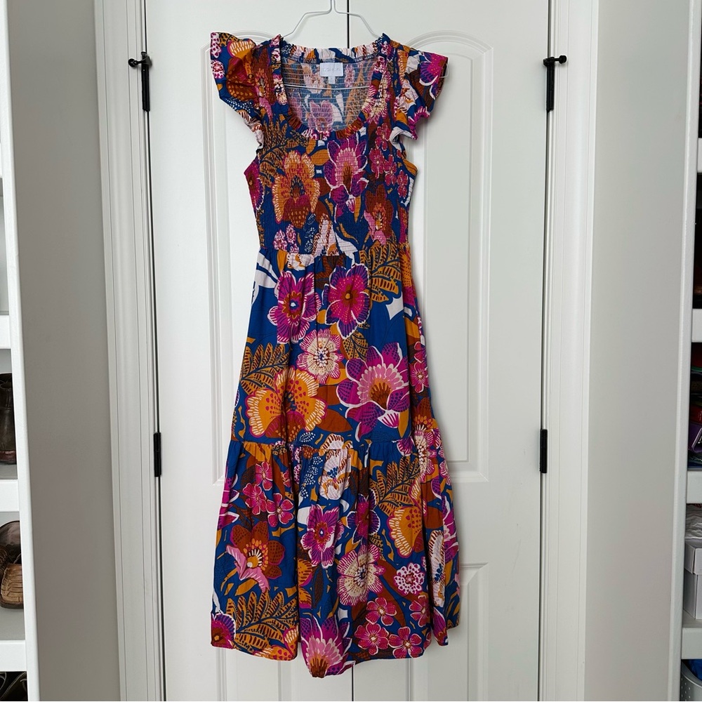 Sugarlips Cobalt and Fuchsia Midi Dress with Flutter Sleeves